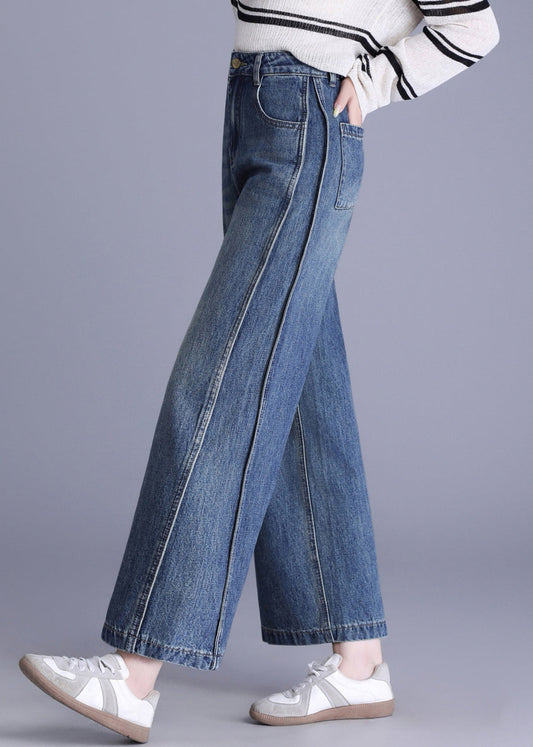 New Blue Pockets Patchwork Denim Crop Pants Spring