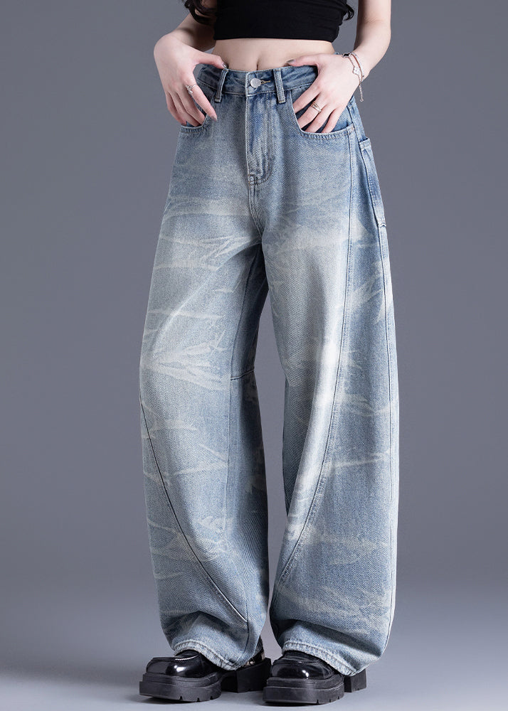 New Blue Pockets Tie Dye Patchwork Denim Pants Spring