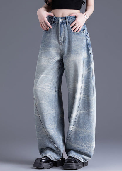 New Blue Pockets Tie Dye Patchwork Denim Pants Spring