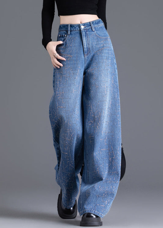 New Blue Pockets Zircon Denim Wide Leg Pants Spring