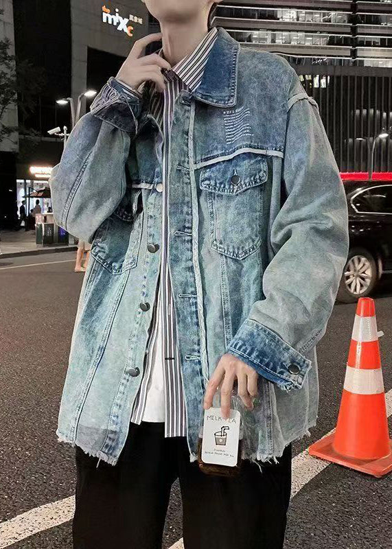New Blue Print Pockets Patchwork Denim Mens Coats Fall