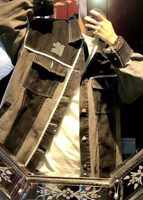 New Blue Print Pockets Patchwork Denim Mens Coats Fall