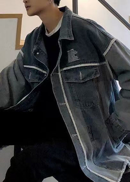 New Blue Print Pockets Patchwork Denim Mens Coats Fall