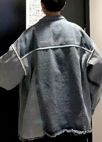 New Blue Print Pockets Patchwork Denim Mens Coats Fall