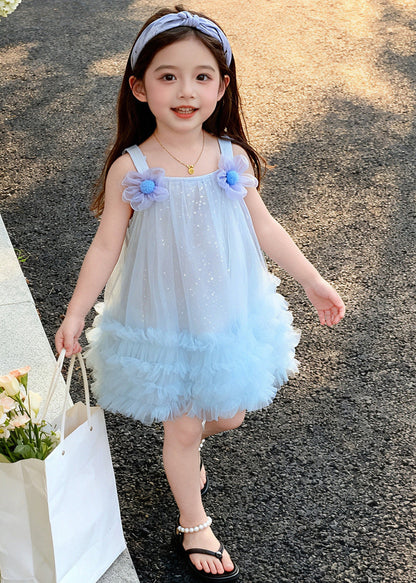 New Blue Sequins Butterfly Sunflower Tulle Kids Girls Dress Summer