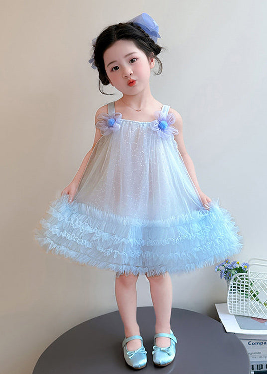 New Blue Sequins Butterfly Sunflower Tulle Kids Girls Dress Summer
