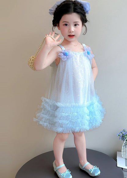 New Blue Sequins Butterfly Sunflower Tulle Kids Girls Dress Summer