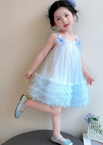 New Blue Sequins Butterfly Sunflower Tulle Kids Girls Dress Summer