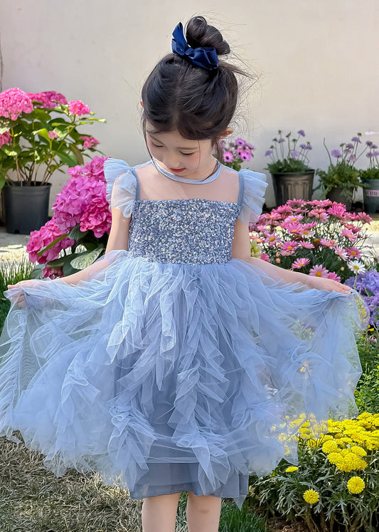 New Blue Sequins Patchwork Tulle Kids Girls Robe Dresses Summer