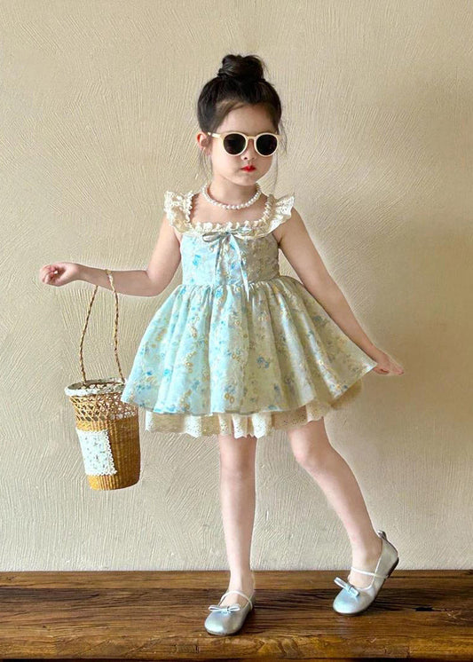 New Blue Square Collar Print Kids Mid Spaghetti Strap Dress Sleeveless