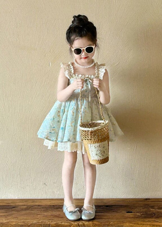 New Blue Square Collar Print Kids Mid Spaghetti Strap Dress Sleeveless