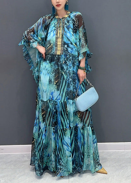 New Blue Tie Lace Patchwork Chiffon Maxi Dress Fall