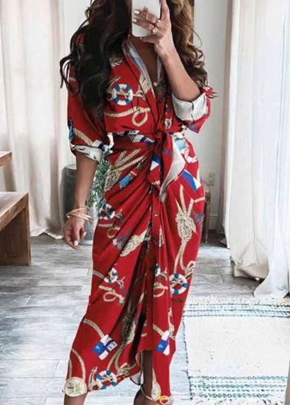 Neu Blau V Neck Print Lace Up Baumwolle Shirts Kleider Langarm