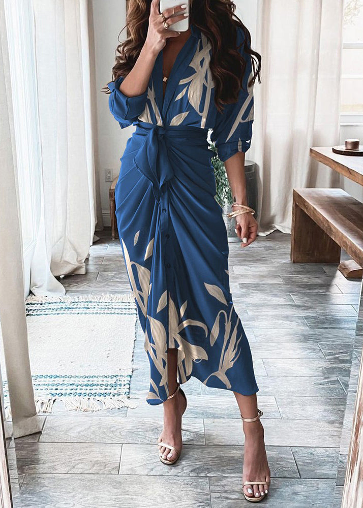 Neu Blau V Neck Print Lace Up Baumwolle Shirts Kleider Langarm