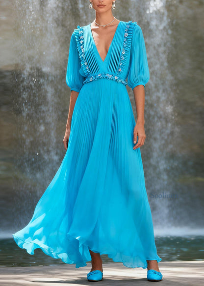 New Blue V Neck Ruffled Floral Patchwork Chiffon Dress Summer
