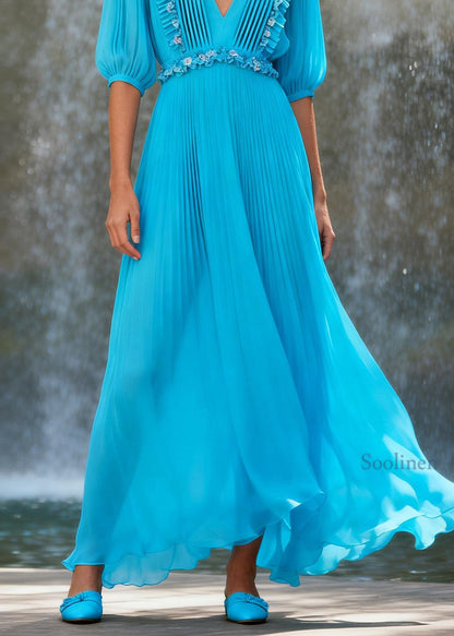 New Blue V Neck Ruffled Floral Patchwork Chiffon Dress Summer