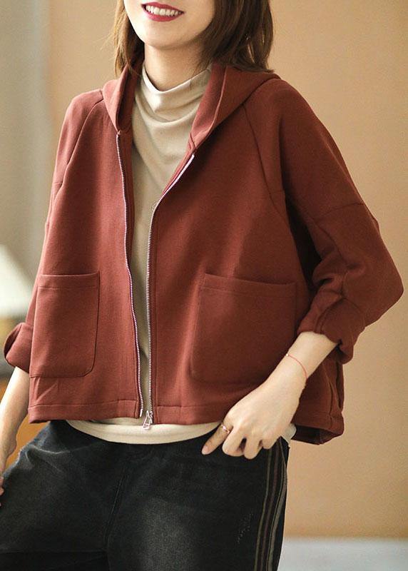 New Brick Red hooded zippered Pockets Fall Sweatshirts Top - SooLinen