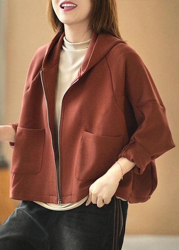 New Brick Red hooded zippered Pockets Fall Sweatshirts Top - SooLinen