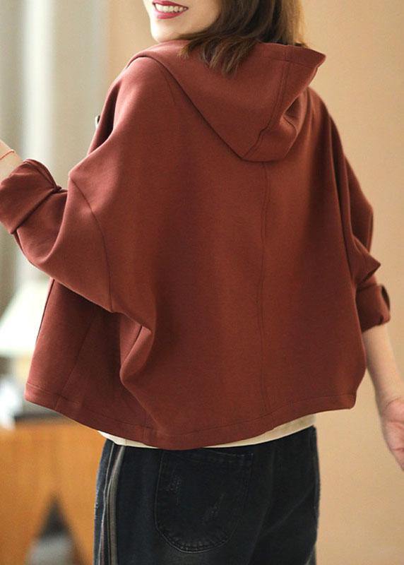 New Brick Red hooded zippered Pockets Fall Sweatshirts Top - SooLinen