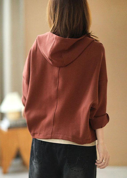 New Brick Red hooded zippered Pockets Fall Sweatshirts Top - SooLinen