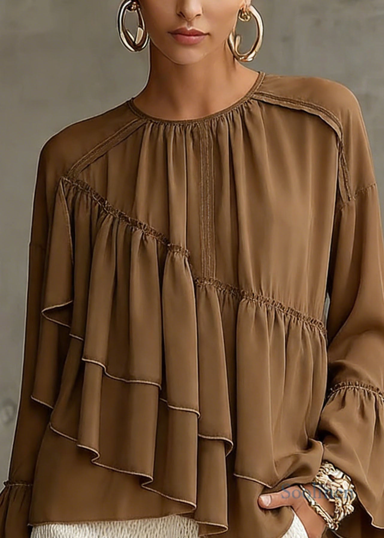 New Brown Asymmetrical Ruffled Patchwork Chiffon Shirt Top Spring