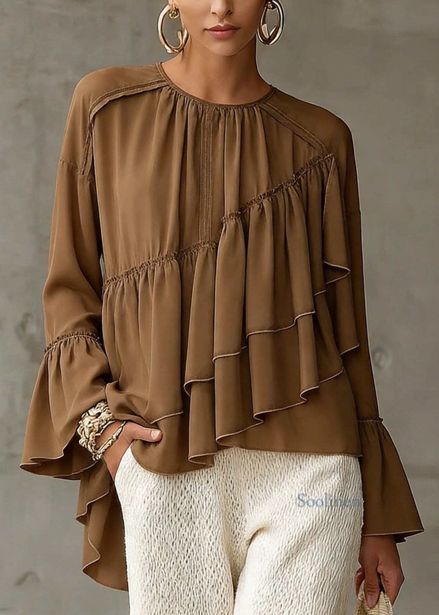 New Brown Asymmetrical Ruffled Patchwork Chiffon Shirt Top Spring