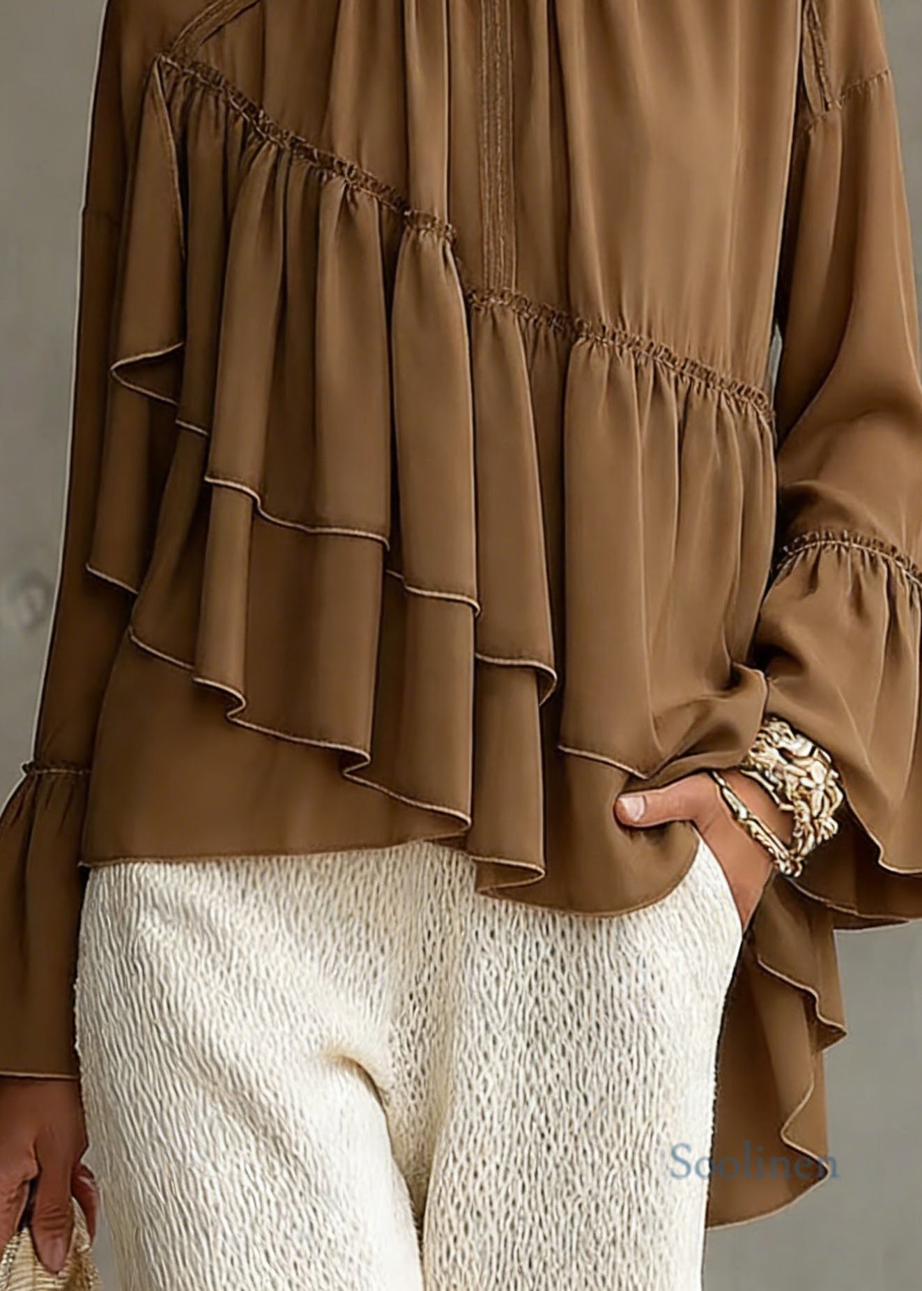 New Brown Asymmetrical Ruffled Patchwork Chiffon Shirt Top Spring