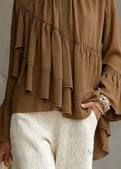 New Brown Asymmetrical Ruffled Patchwork Chiffon Shirt Top Spring
