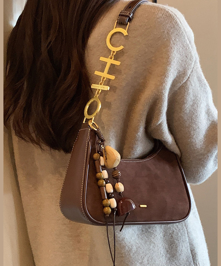 New Brown Beading Decorated Faux Suede Shoulder Bag