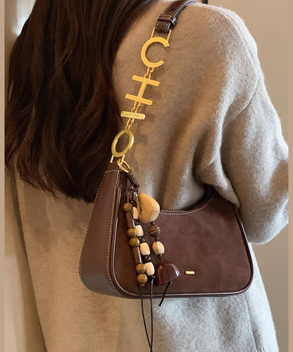 New Brown Beading Decorated Faux Suede Shoulder Bag