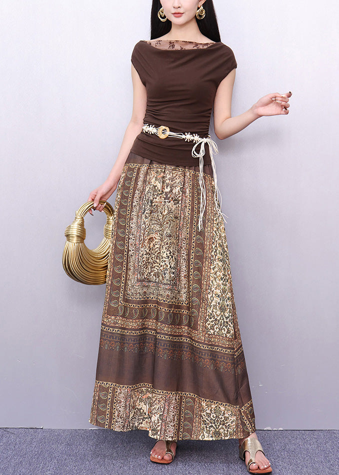 New Brown Lace Print Patchwork Cotton Two Piece Set Summer