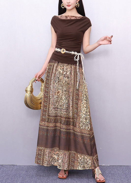 New Brown Lace Print Patchwork Cotton Two Piece Set Summer