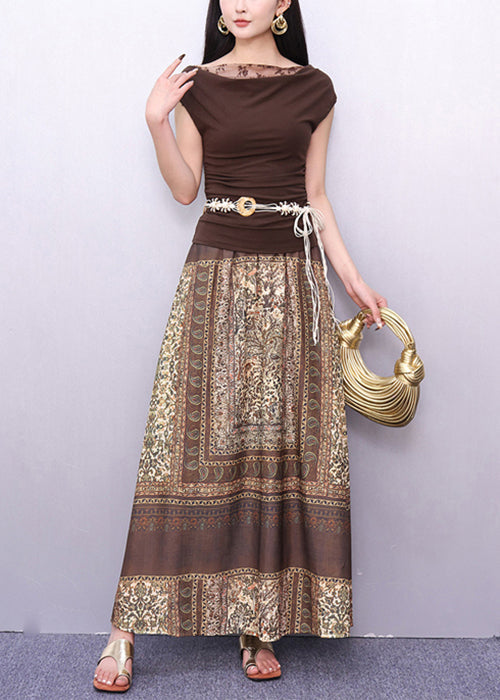 New Brown Lace Print Patchwork Cotton Two Piece Set Summer