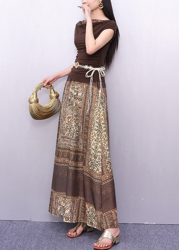 New Brown Lace Print Patchwork Cotton Two Piece Set Summer