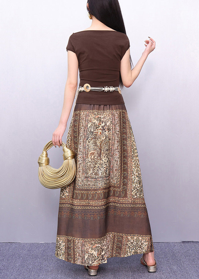 New Brown Lace Print Patchwork Cotton Two Piece Set Summer