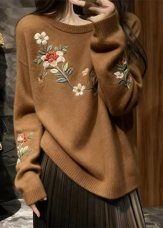 New Brown O Neck Embroidered Thick Knit Sweater Spring