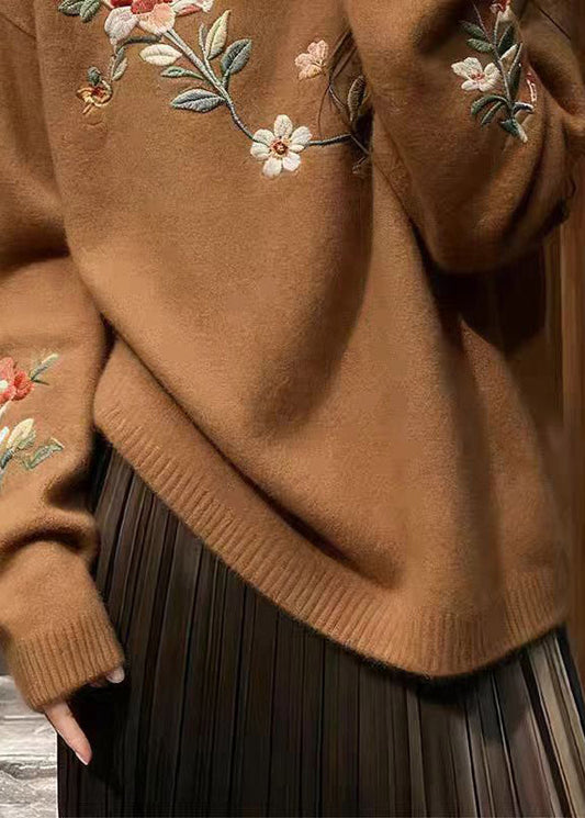 New Brown O Neck Embroidered Thick Knit Sweater Spring