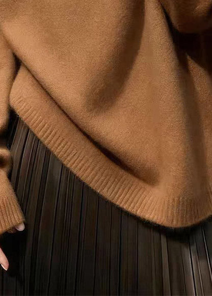 New Brown O Neck Embroidered Thick Knit Sweater Spring