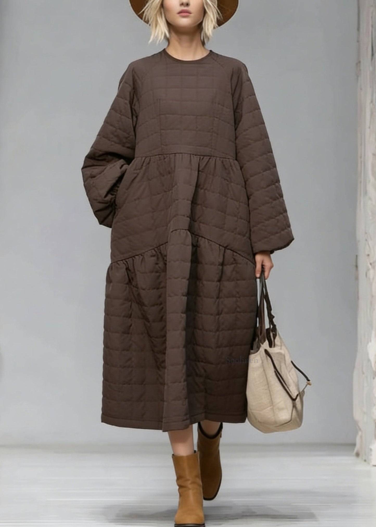 New Brown O Neck Patchwork Fine Cotton Filled Maxi Dress Winter
