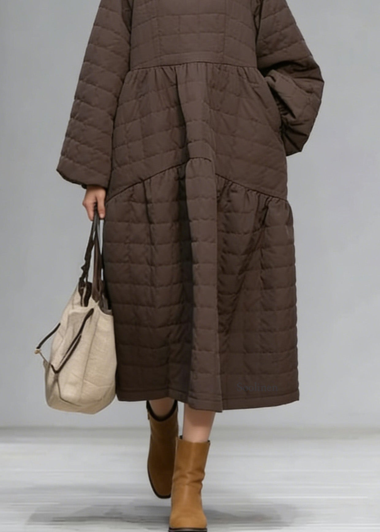 New Brown O Neck Patchwork Fine Cotton Filled Maxi Dress Winter