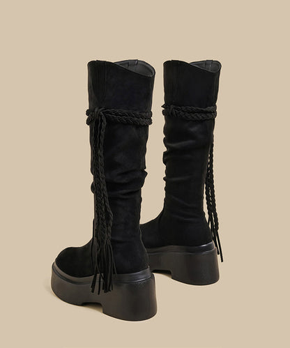 Neue braune Plateau-Stiefel mit knitterigem Quasteneinsatz