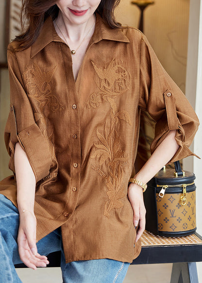 New Caramel Embroidered Button Side Open Cotton Blouse Spring