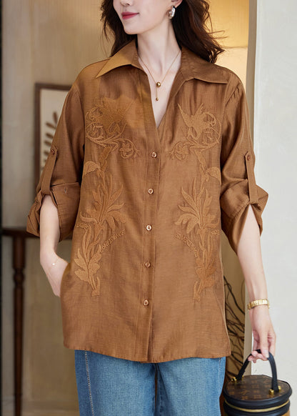 New Caramel Embroidered Button Side Open Cotton Blouse Spring
