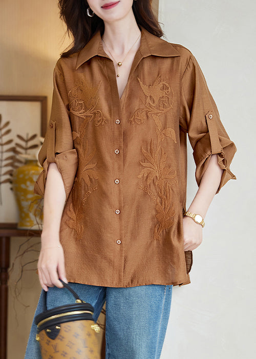 New Caramel Embroidered Button Side Open Cotton Blouse Spring