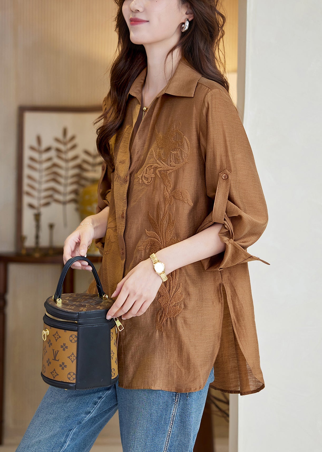 New Caramel Embroidered Button Side Open Cotton Blouse Spring