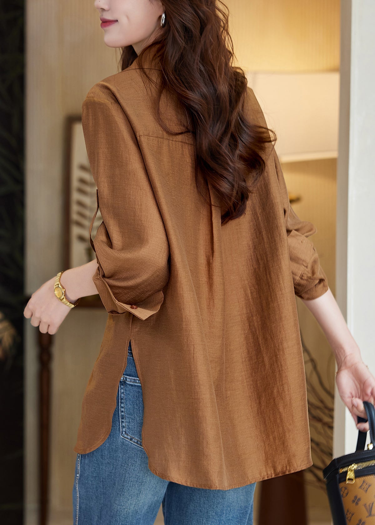 New Caramel Embroidered Button Side Open Cotton Blouse Spring