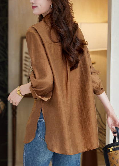 New Caramel Embroidered Button Side Open Cotton Blouse Spring