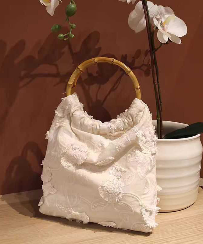 New Chinese Style Beige Embroidery Tassel Cotton Tote Bag