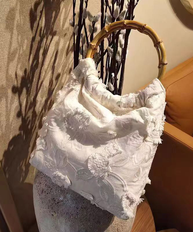 New Chinese Style Beige Embroidery Tassel Cotton Tote Bag