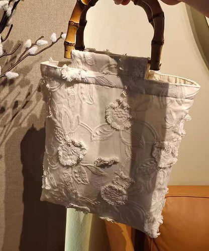 New Chinese Style Beige Embroidery Tassel Cotton Tote Bag